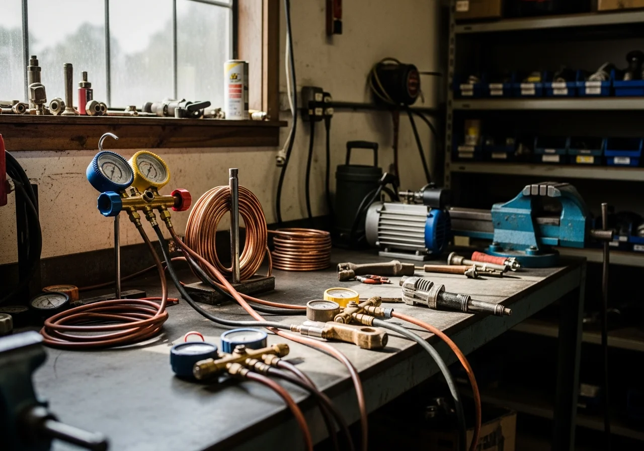 HVAC technician tools and equipment on a work bench, ready for service calls.
