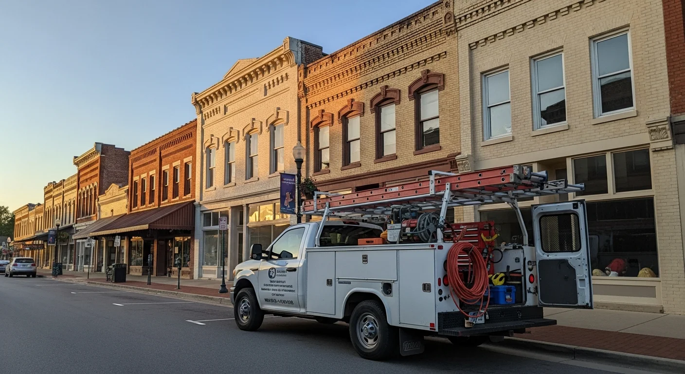 Decatur downtown street with historic brick buildings and local storefronts on a clear day.