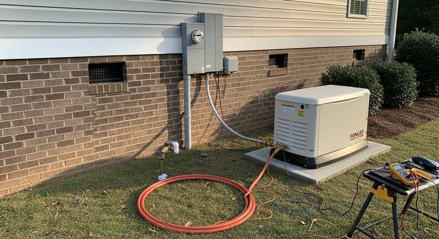 A permanently installed standby generator mounted on a concrete pad beside a residential home in Decatur, GA, with a transfer switch panel visible on the exterior wall. The system is connected and ready to supply backup power during a grid outage.