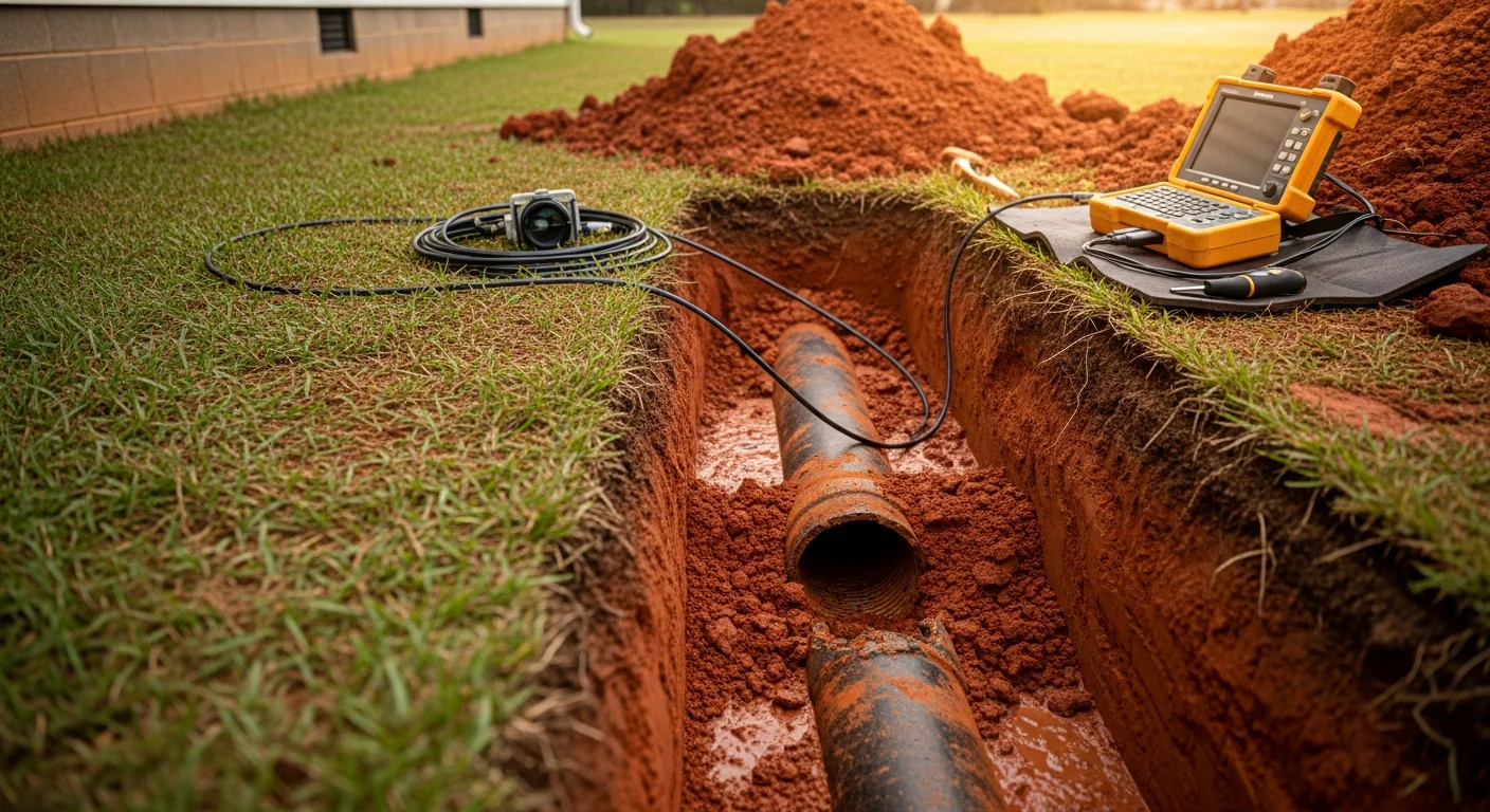 A licensed FH&C Services plumber inspecting an exposed residential drain pipe in a Decatur home crawl space, showing a cracked clay pipe section being prepared for repair.