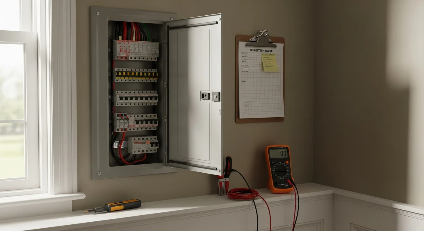 A licensed electrician from FH&C Services inspecting an electrical panel inside an older single-family home in Decatur, GA. The panel cover is open and the electrician is using a diagnostic tool to check circuit connections.