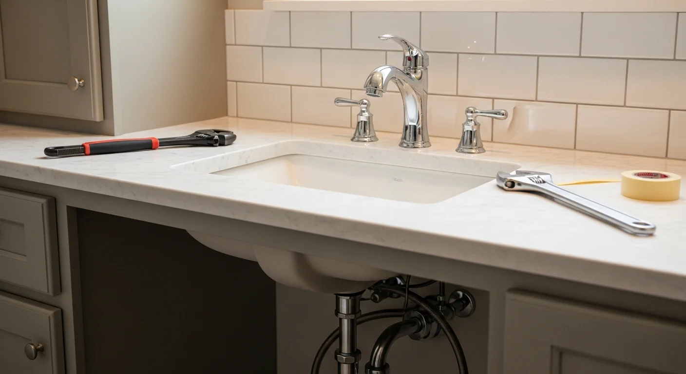 A licensed plumber from FH&C Services installing a new sink faucet in a Decatur home bathroom, with supply lines connected and tools laid out on a clean work surface. The finished fixture is seated flush against the sink deck with no visible gaps.