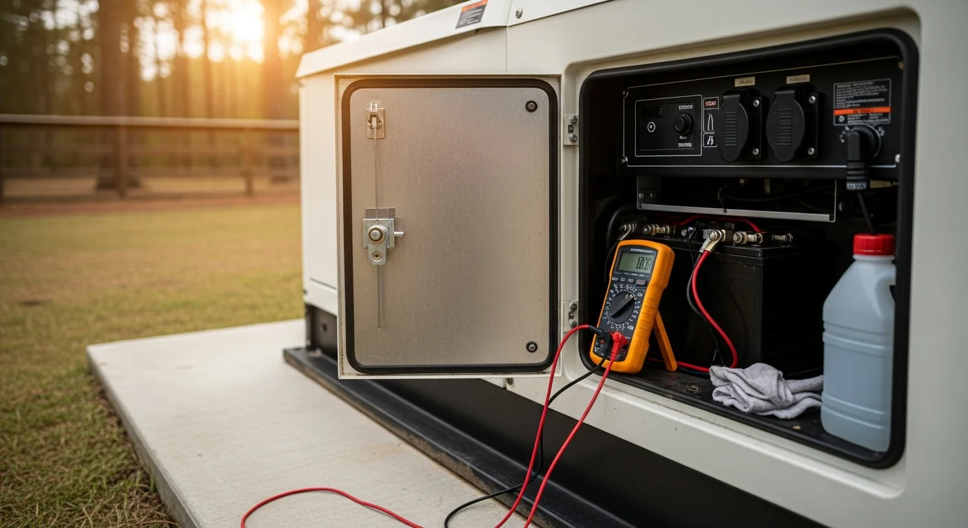 A technician from FH&C Services inspecting a residential standby generator at a Decatur, Georgia home, checking battery terminals and fuel lines during a professional generator inspection.
