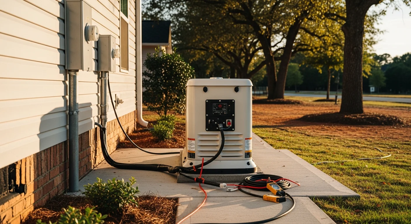 A standby generator installed on a concrete pad beside a residential home in Decatur, Georgia, with a transfer switch mounted on the exterior wall. The unit is positioned with clear clearance on all sides in a typical DeKalb County residential yard.