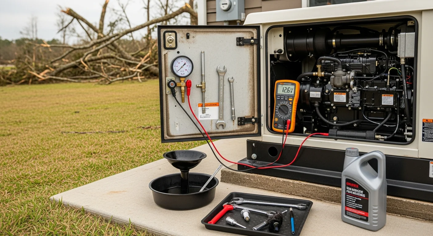 A residential standby generator mounted on a concrete pad beside a Decatur home, with an FH&C Services technician inspecting the unit's enclosure and electrical connections during a routine maintenance visit.