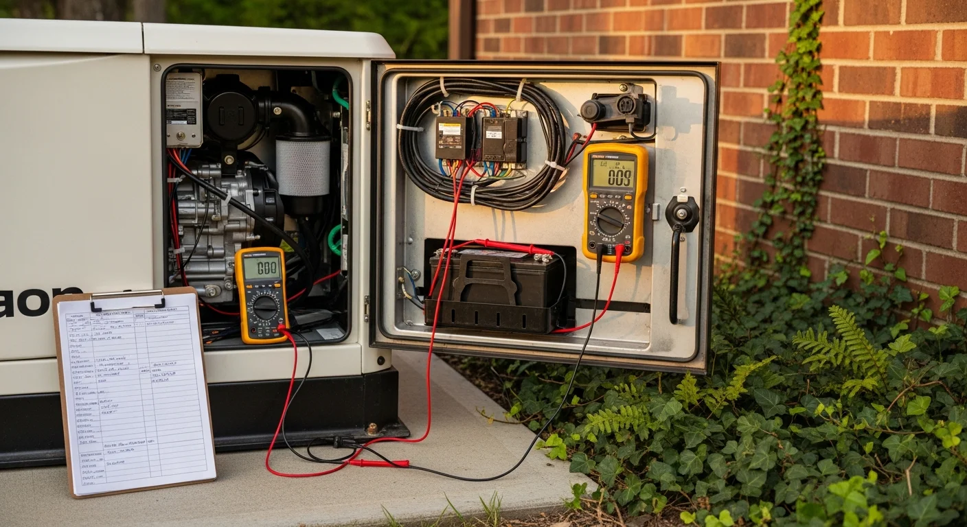 A technician inspecting the internal components of a standby generator outside a residential property in Decatur, Georgia. The unit's panel is open and the technician is running a diagnostic check on the battery and transfer switch connections.