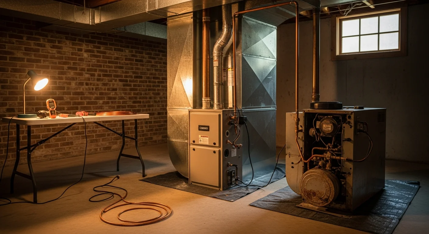 A newly installed heating unit in the utility area of a single-family home in Decatur, Georgia, with clean ductwork connections and a digital thermostat visible on the adjacent wall. The installation is complete and ready for use, showing the finished result of a full heating system replacement by FH&C Services.
