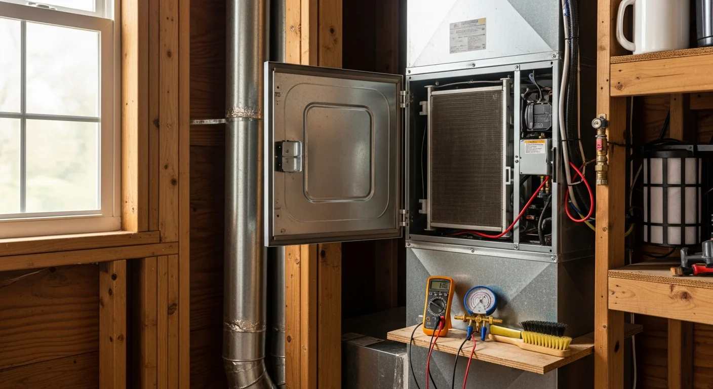 An FH&C Services HVAC technician performing a maintenance inspection on a residential air conditioning unit outside a Craftsman-style home in Decatur, Georgia. The technician checks coil and refrigerant connections on a warm, sunny day.