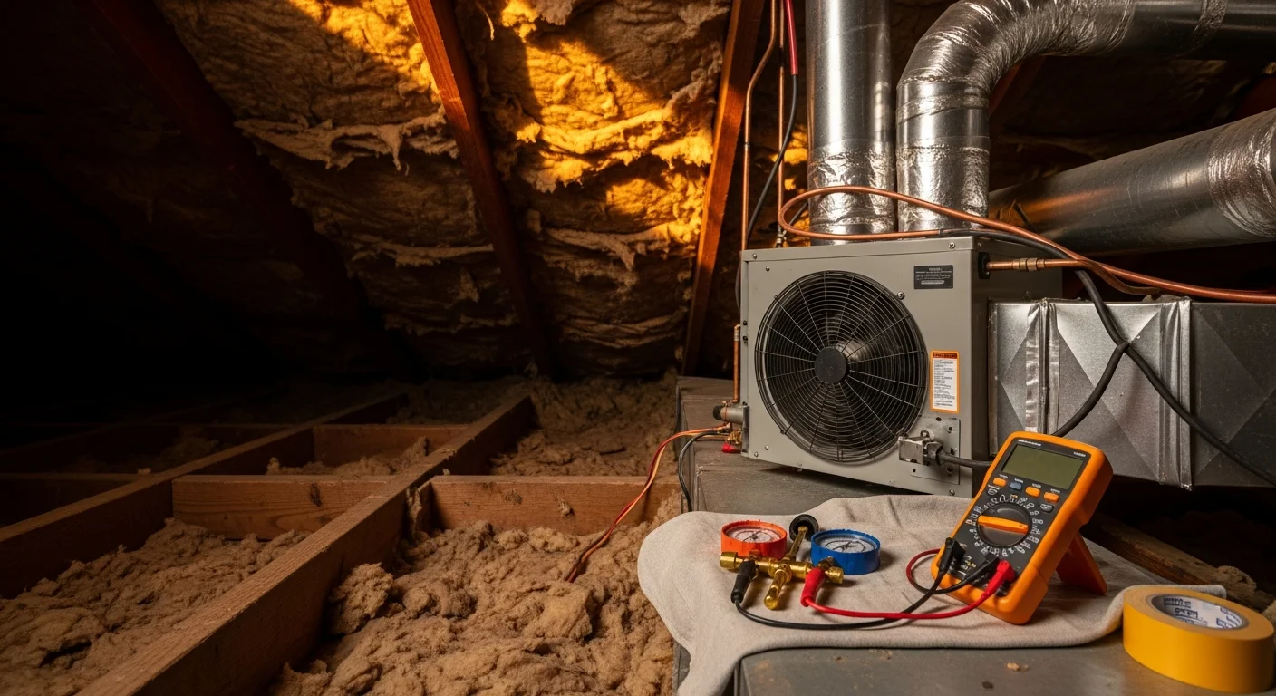 An FH&C Services HVAC technician inspecting an outdoor air conditioning unit at a residential property in Decatur, GA. The technician checks refrigerant lines and electrical connections on a system showing signs of wear from Georgia's heat and humidity.