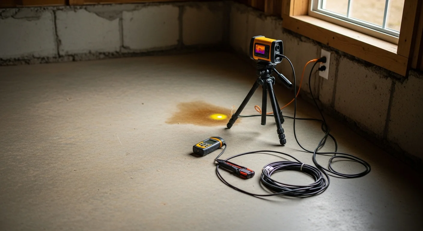 A plumber using electronic leak detection equipment on the concrete slab floor of an older Decatur home. The technician is tracing a pressurized water line to locate a hidden pipe leak beneath the foundation.