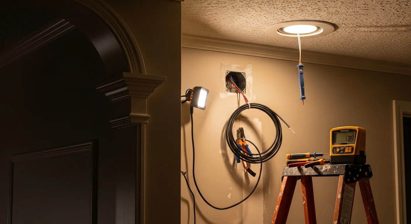 A licensed electrician from FH&C Services installing a recessed light fixture in the ceiling of a Decatur, GA home. The room shows exposed junction box wiring being connected before the fixture trim is set in place.
