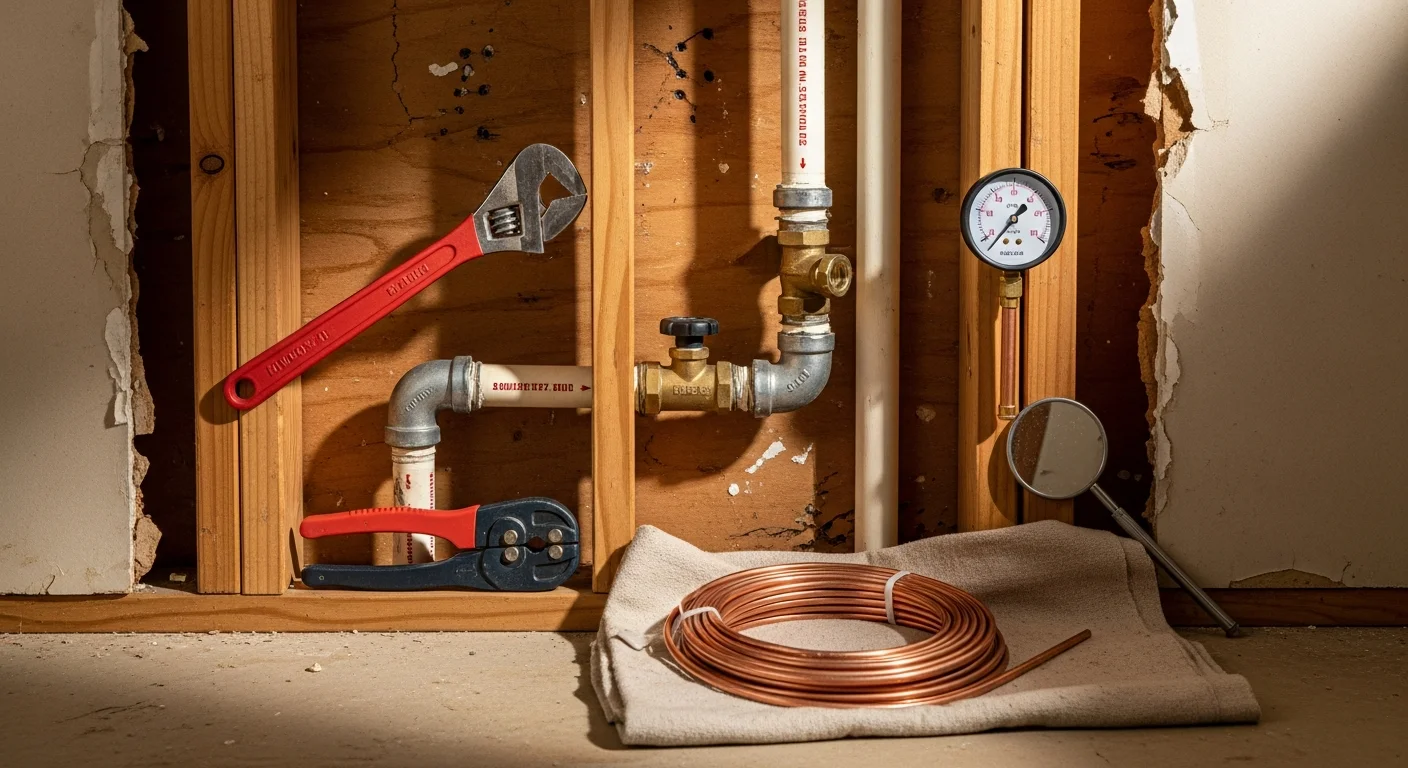 A licensed plumber from FH&C Services repairing a corroded pipe connection beneath a Decatur home. The crawl space setting reflects the older housing stock common in established Decatur neighborhoods.