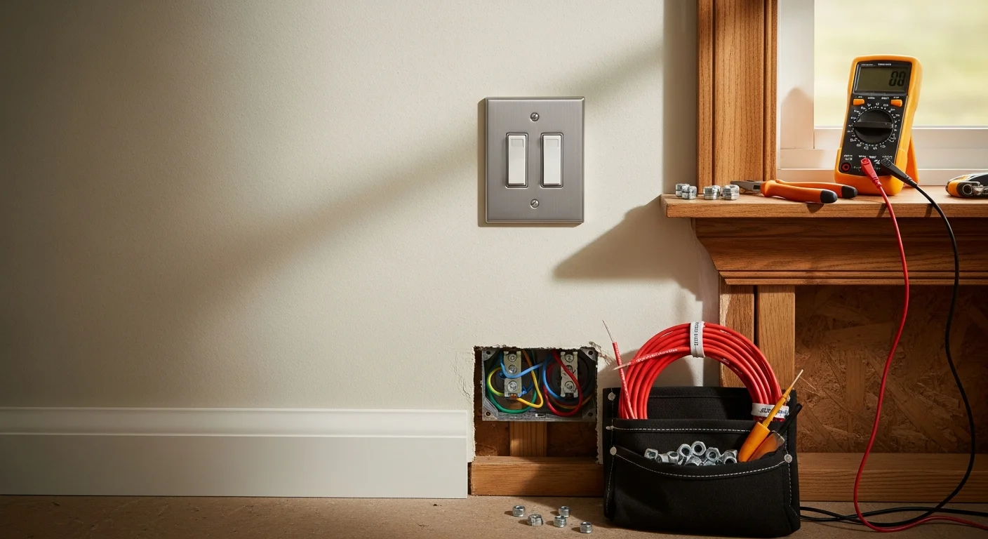 A licensed electrician from FH&C Services installing a new wall switch in a Decatur home with older interior trim and painted drywall. The switch box is open and wiring connections are visible prior to the cover plate being secured.