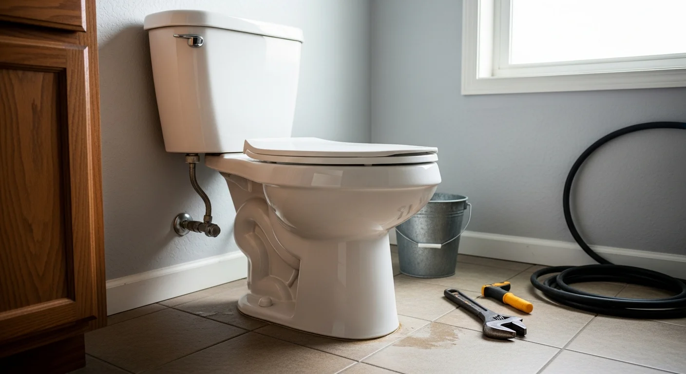A licensed plumber from FH&C Services setting a new toilet in a Decatur home bathroom, with the old fixture removed and the drain flange visible on the tile floor. The bathroom shows the typical layout of a mid-century Decatur residential property.